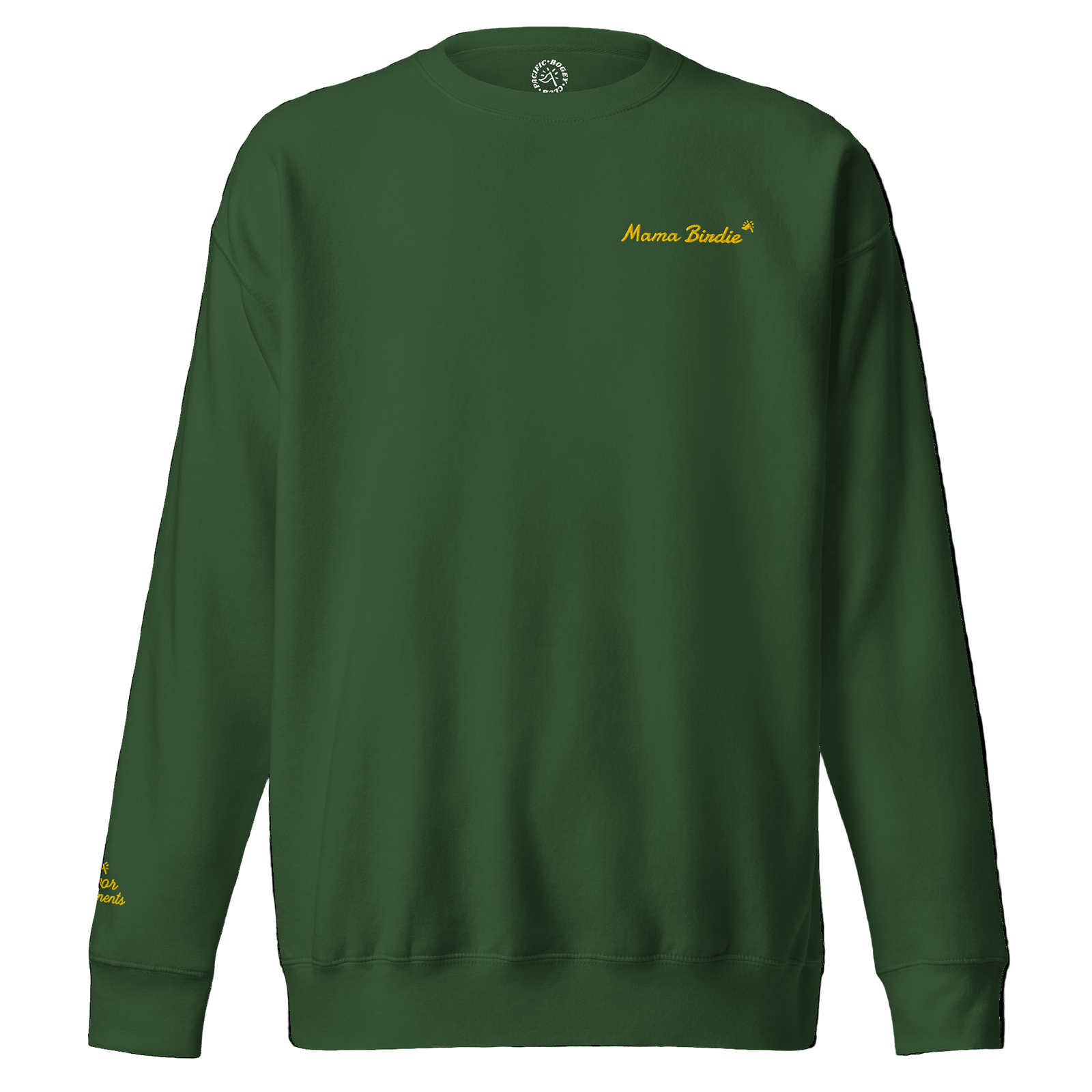 Green sweatshirt with yellow text on a black background