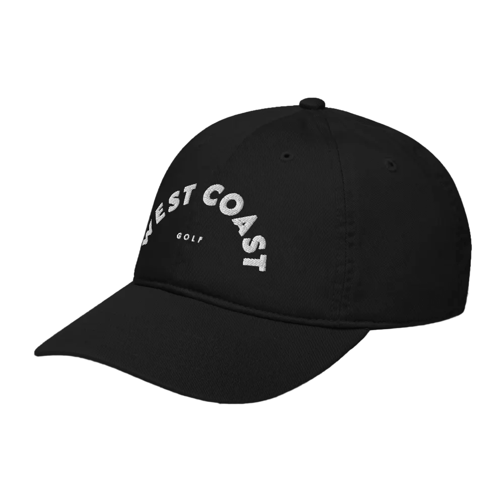 Black cap with &#39;West Coast Golf&#39; text on a black background