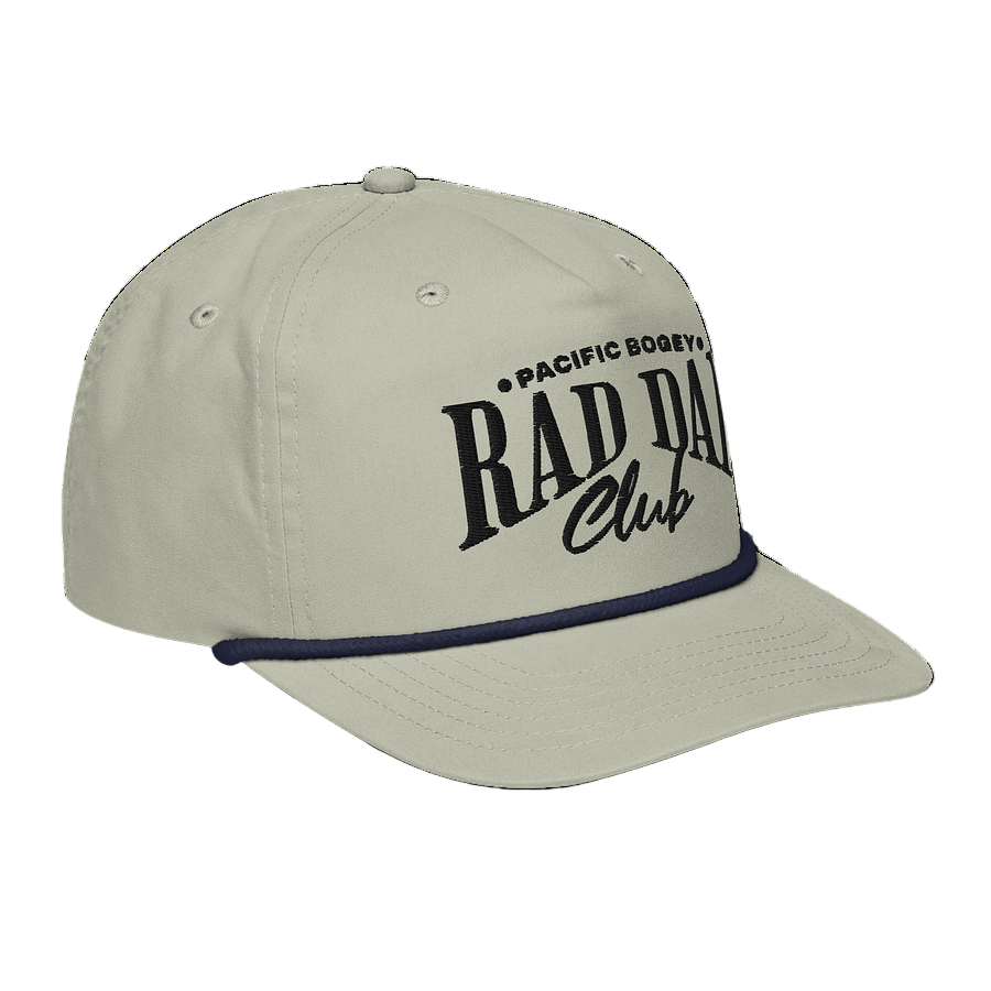 Beige cap with 'Rad Dad Club' text on a white background