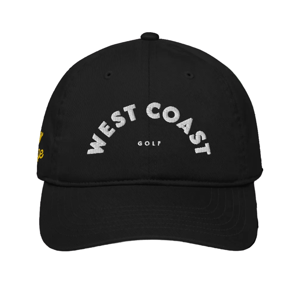 Black cap with &#39;West Coast Golf&#39; text on a black background