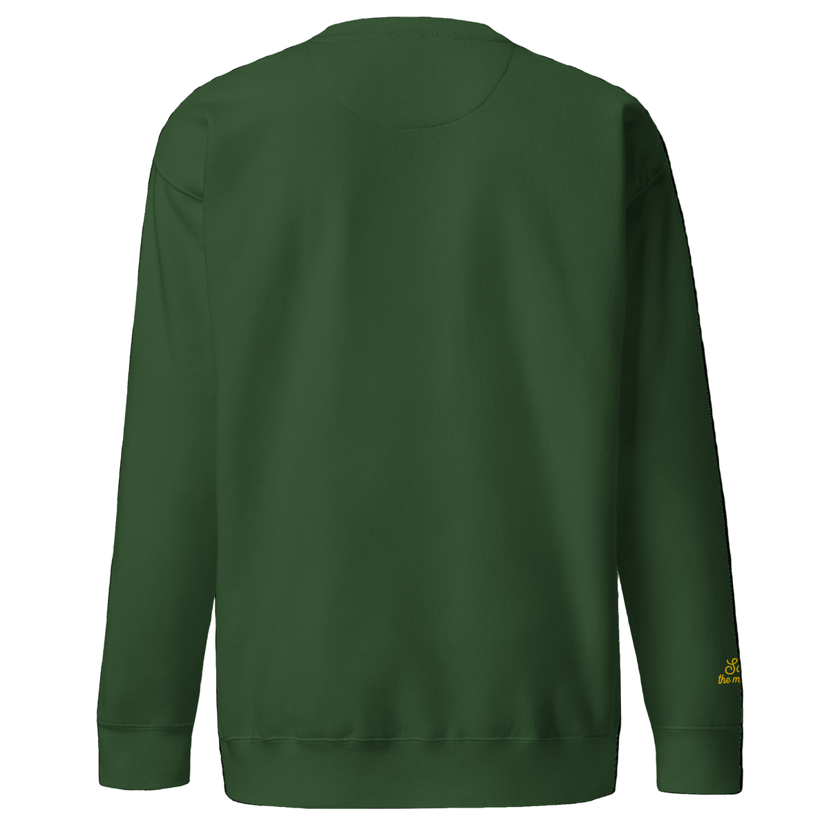 Green sweatshirt with a brand logo on the back against a black background
