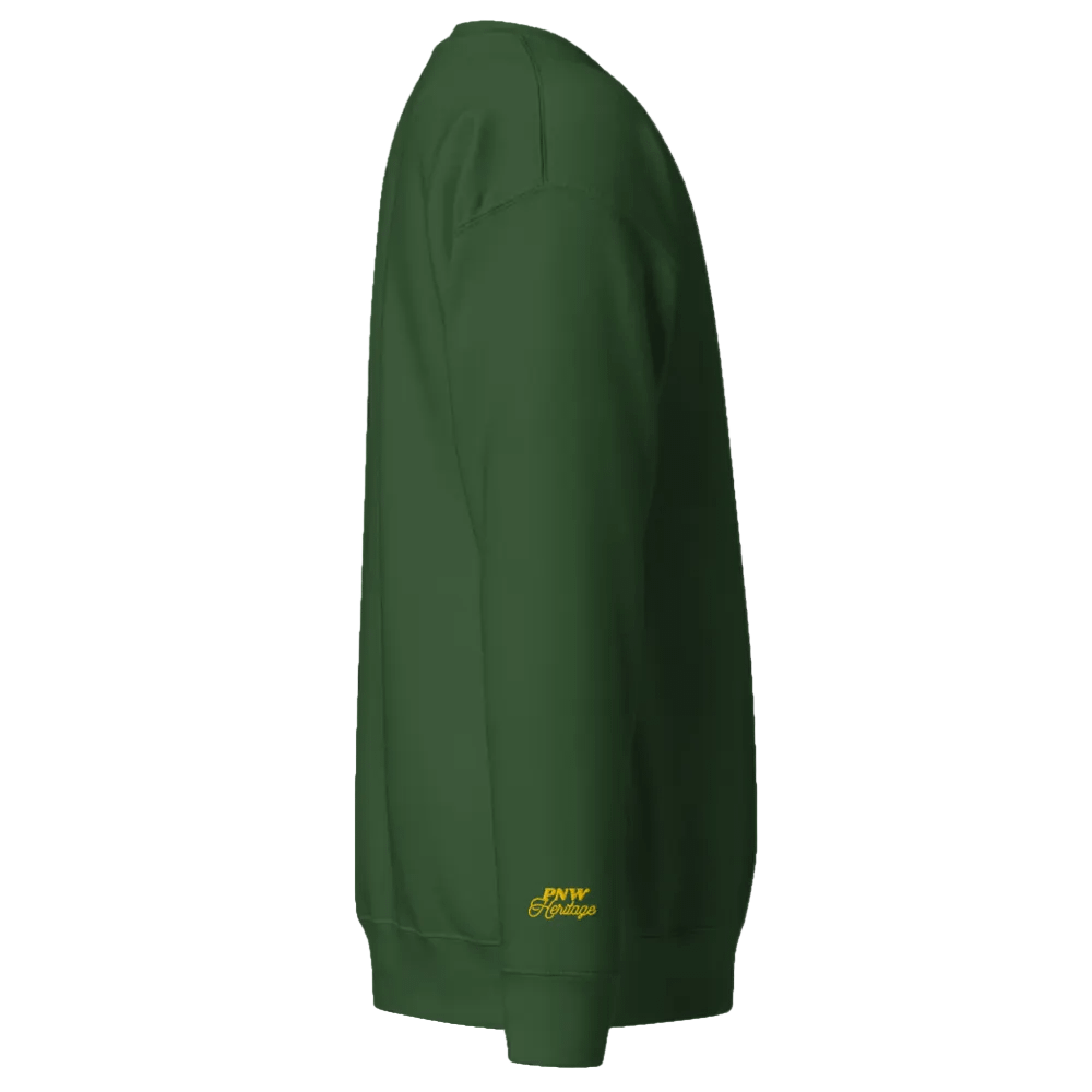 Green sweatshirt with a yellow logo on a black background