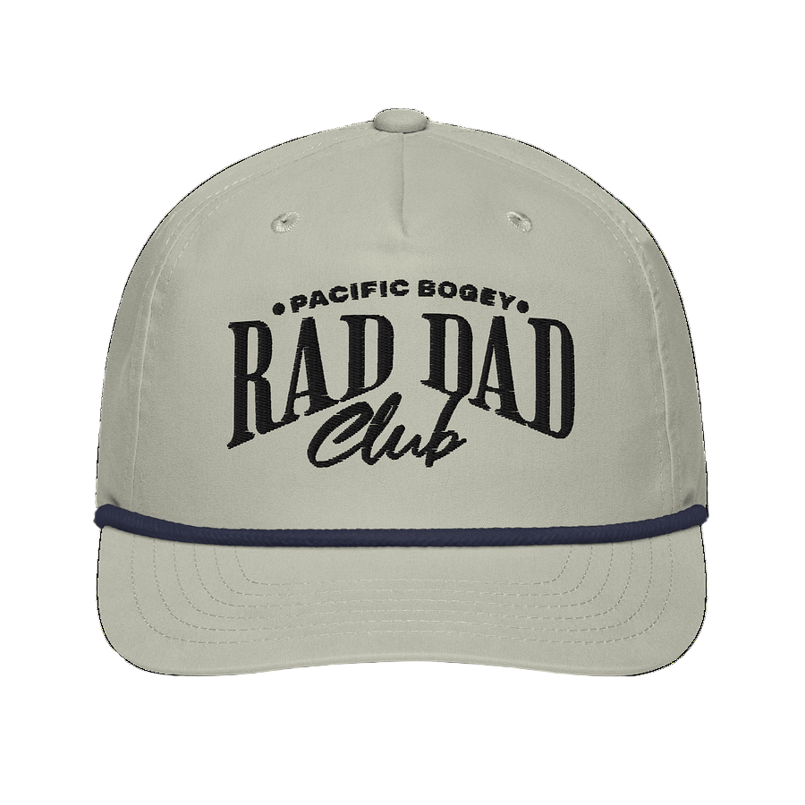 Beige cap with &#39;Rad Dad Club&#39; text on a white background