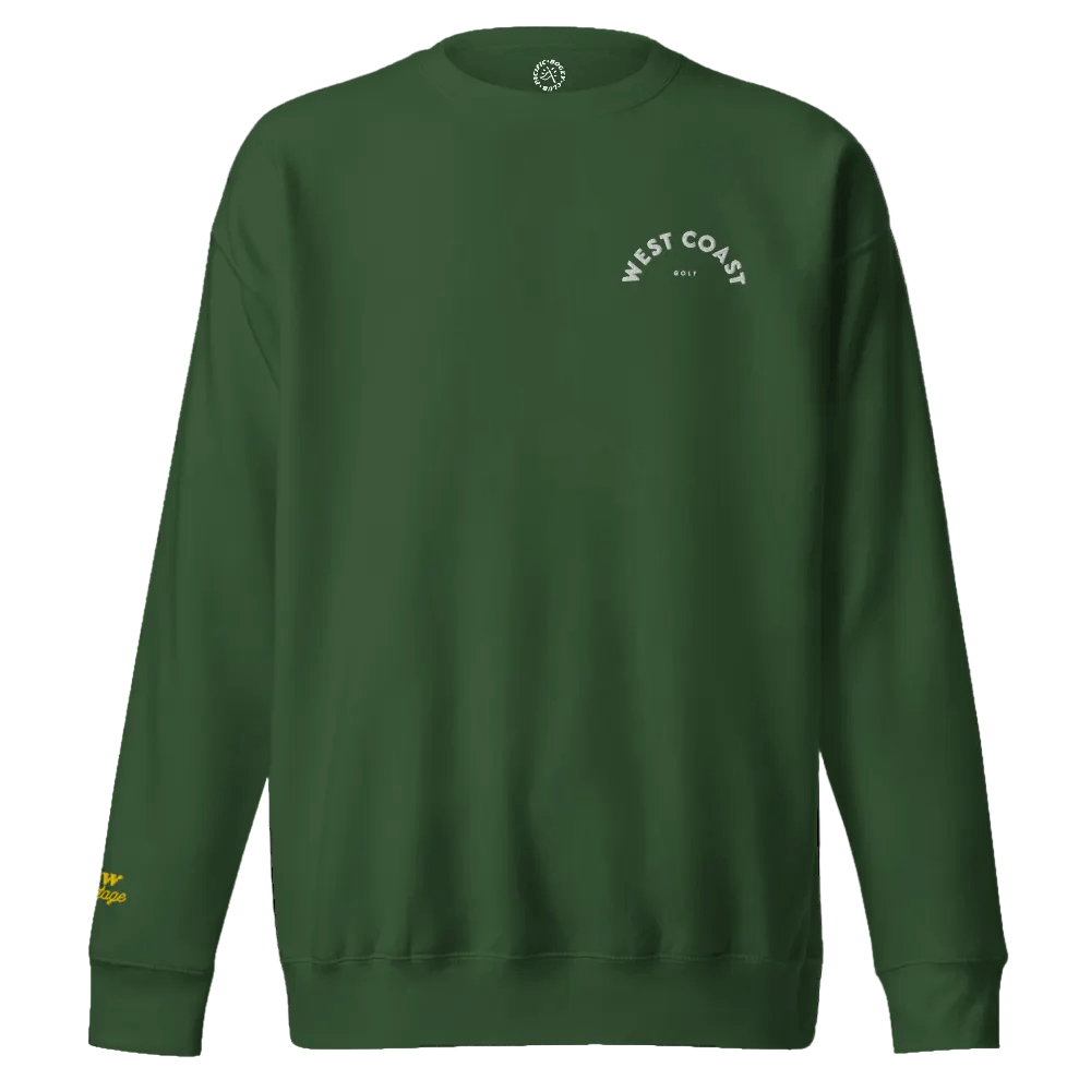 Green sweatshirt with 'West Coast' text on a black background