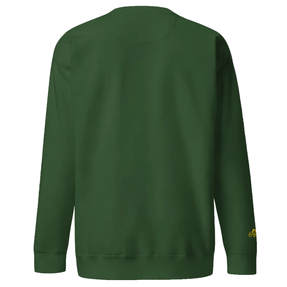 Green sweatshirt with a small yellow logo on the back against a black background