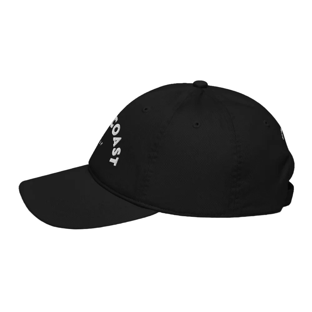 Black cap with &#39;COAST&#39; logo on a white background