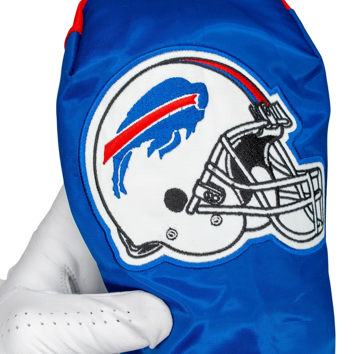 Buffalo Bills Football Golf Wood & Hybrid Headcover Upcycled embroidered logo football helmet close detail