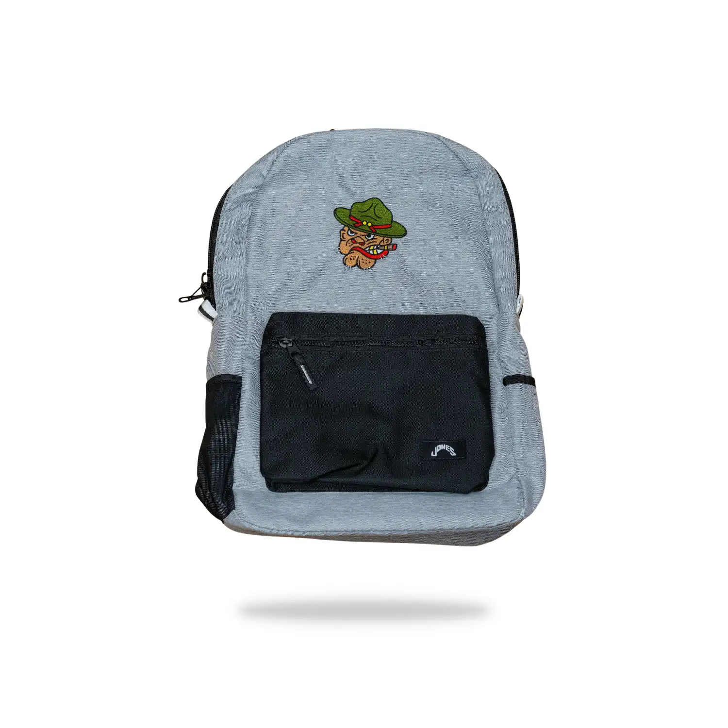 Gray backpack with a black pocket and embroidered design on a white background