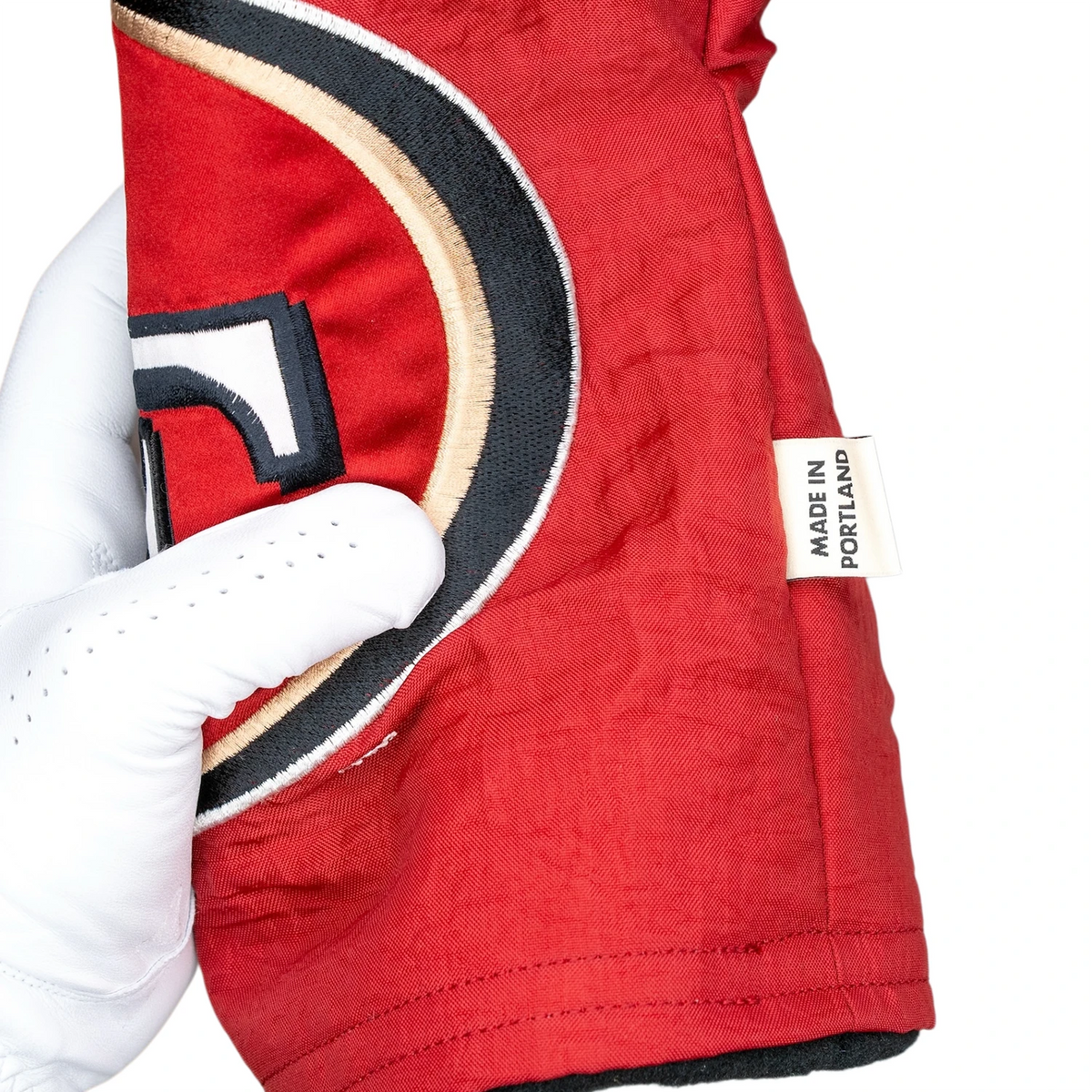 Retro San Francisco Football Golf Driver Headcover Upcycled Jersey brand tag close detail