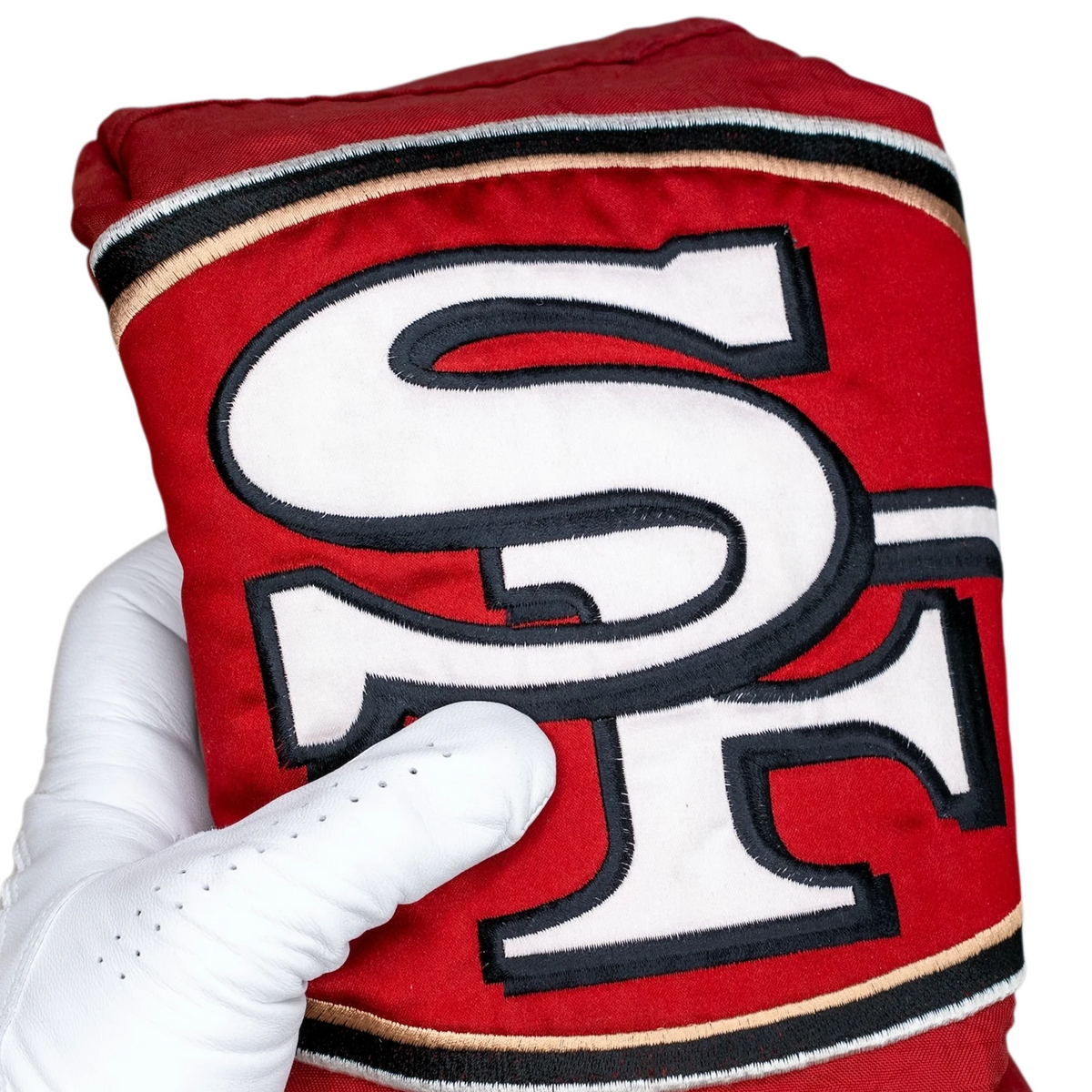 Retro San Francisco Football Golf Driver Headcover Upcycled Jersey embroidered logo close detail