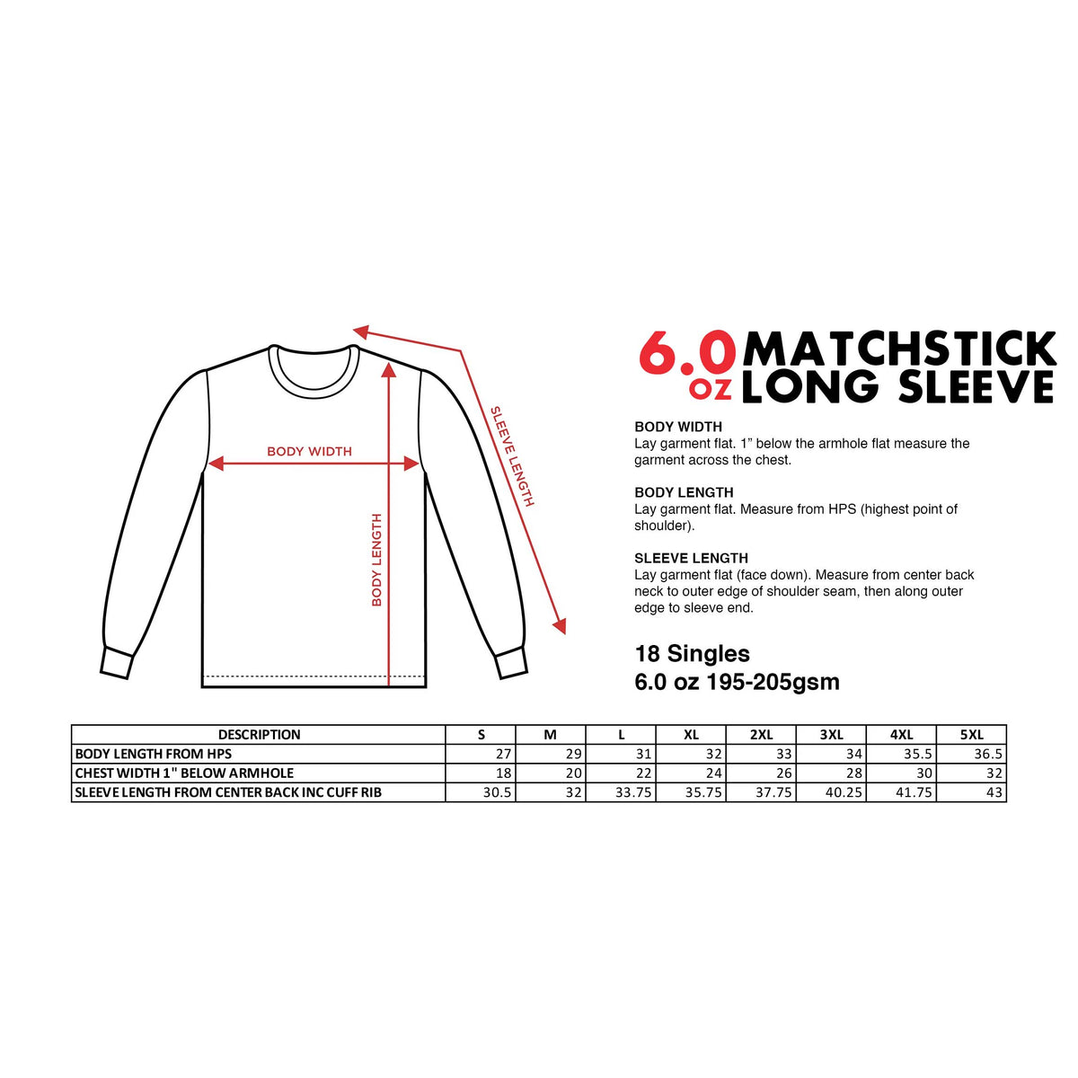 matchstick long sleeve sizing guide