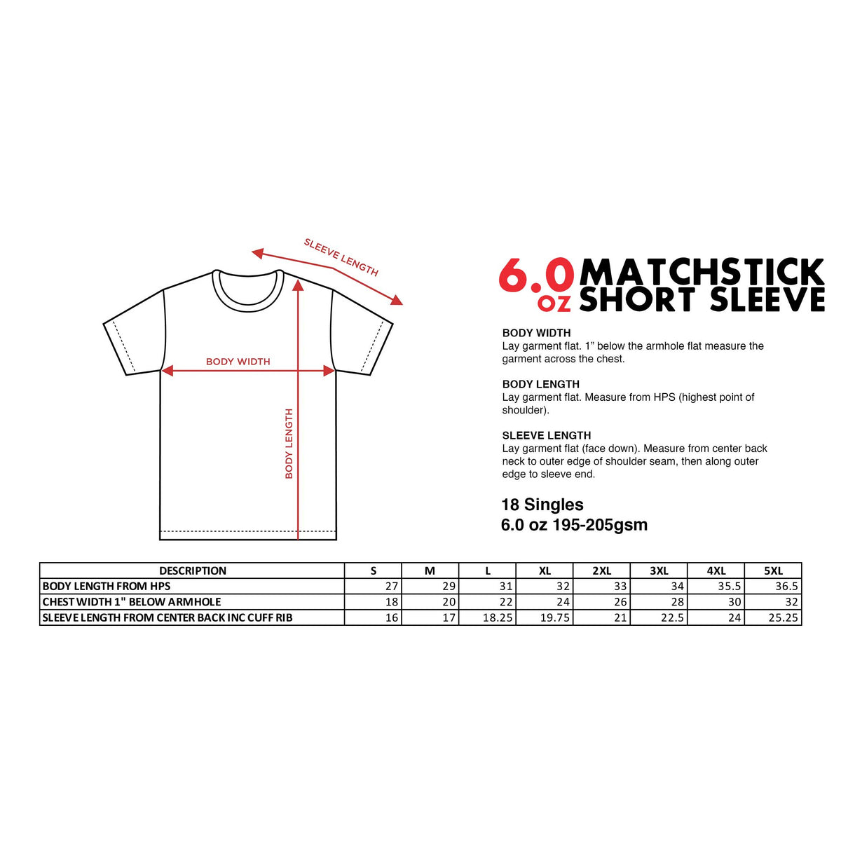 matchstick short sleeve sizing guide