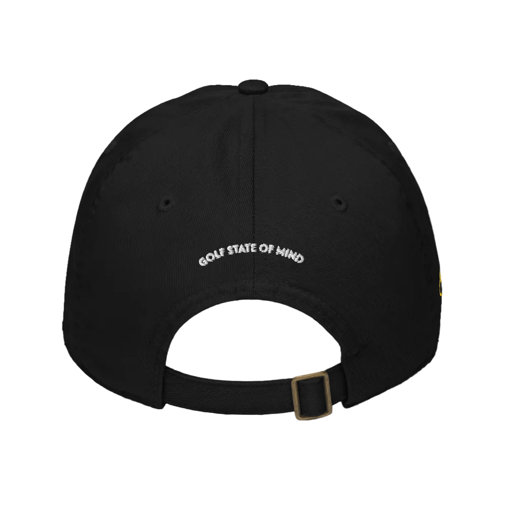 Black cap with &#39;GOLF STATE OF MIND&#39; text on a black background