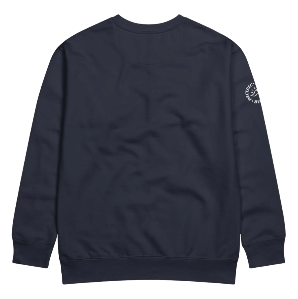 Navy blue sweatshirt with a logo on the sleeve against a light gray background