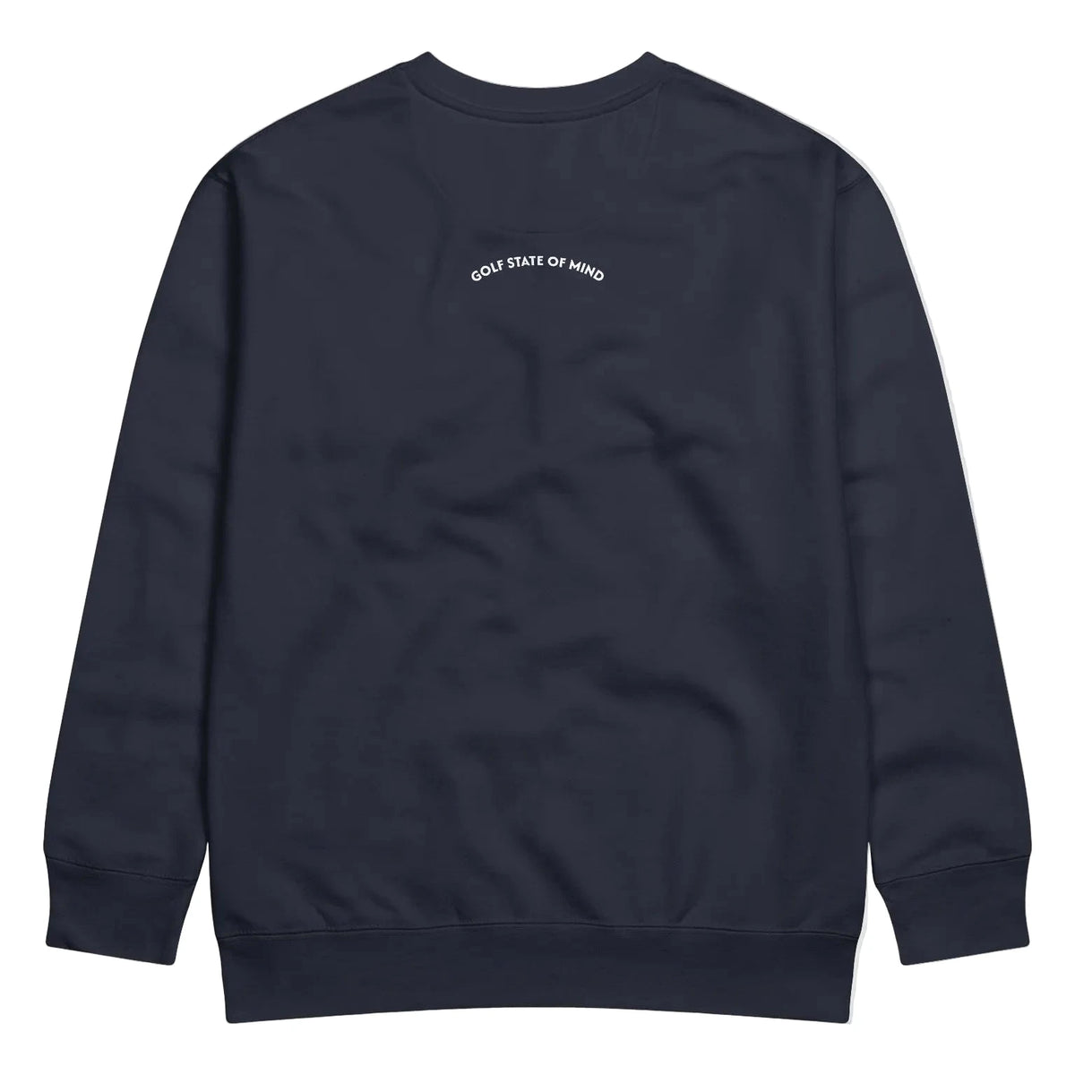 Navy blue sweatshirt with text on the back against a light gray background
