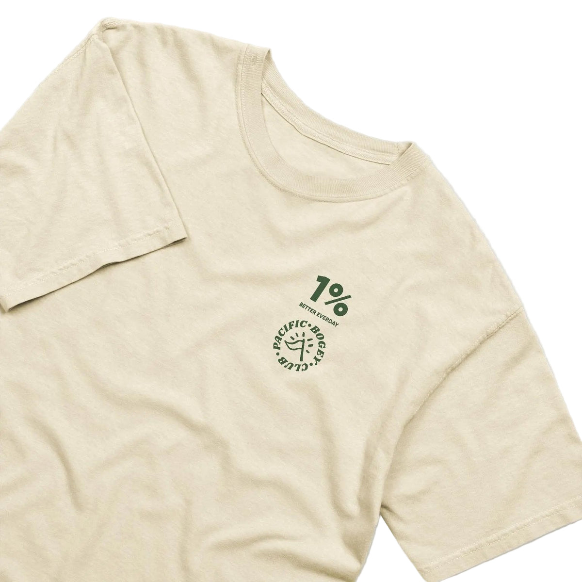 Beige t-shirt with a logo on the chest against a light gray background