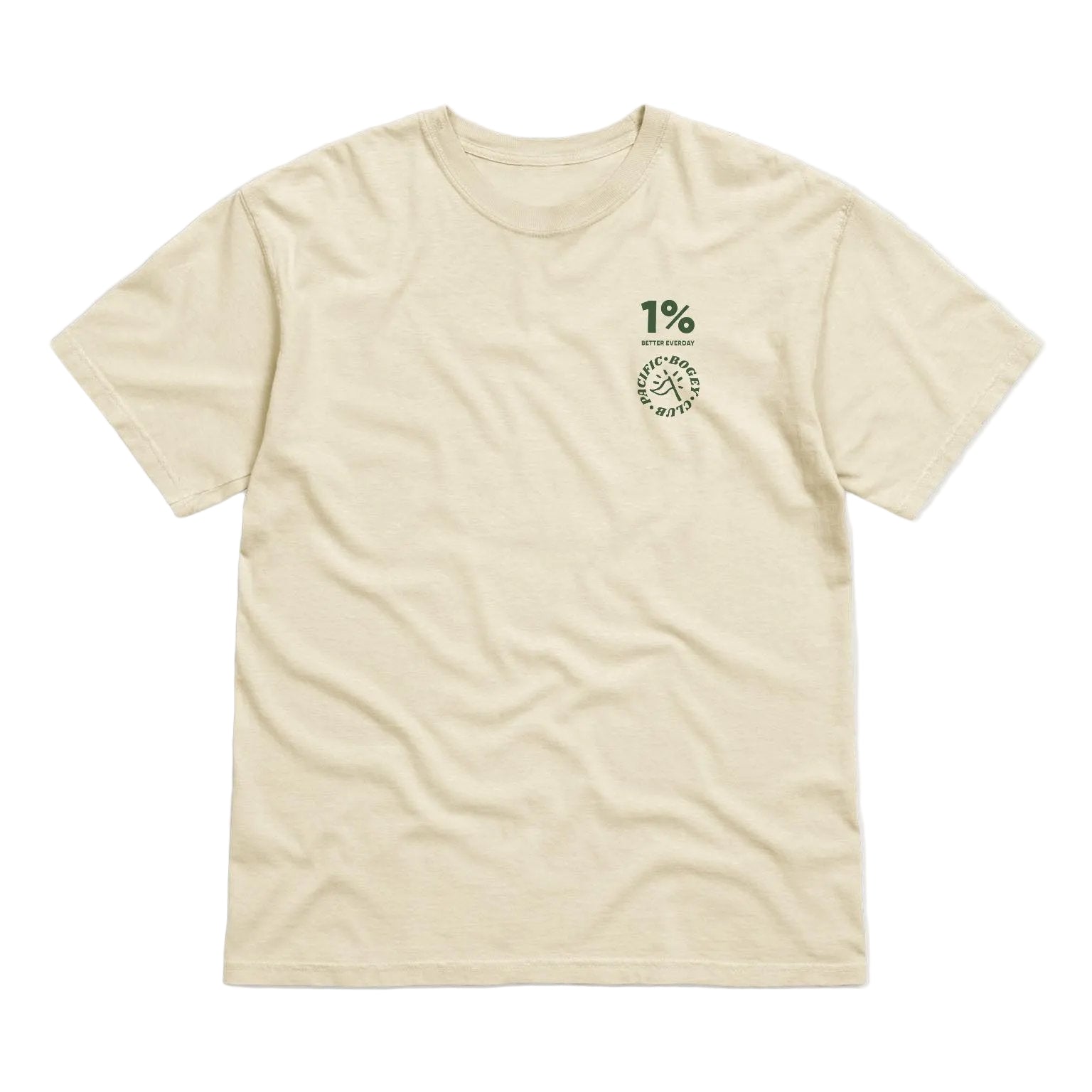 Beige t-shirt with a small logo on a light gray background
