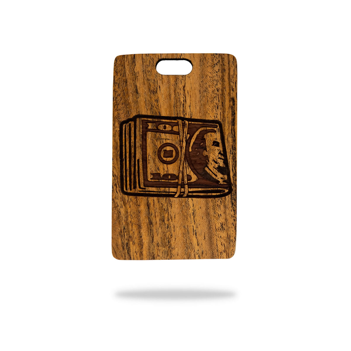 cash stack bocote wood bag tag sample