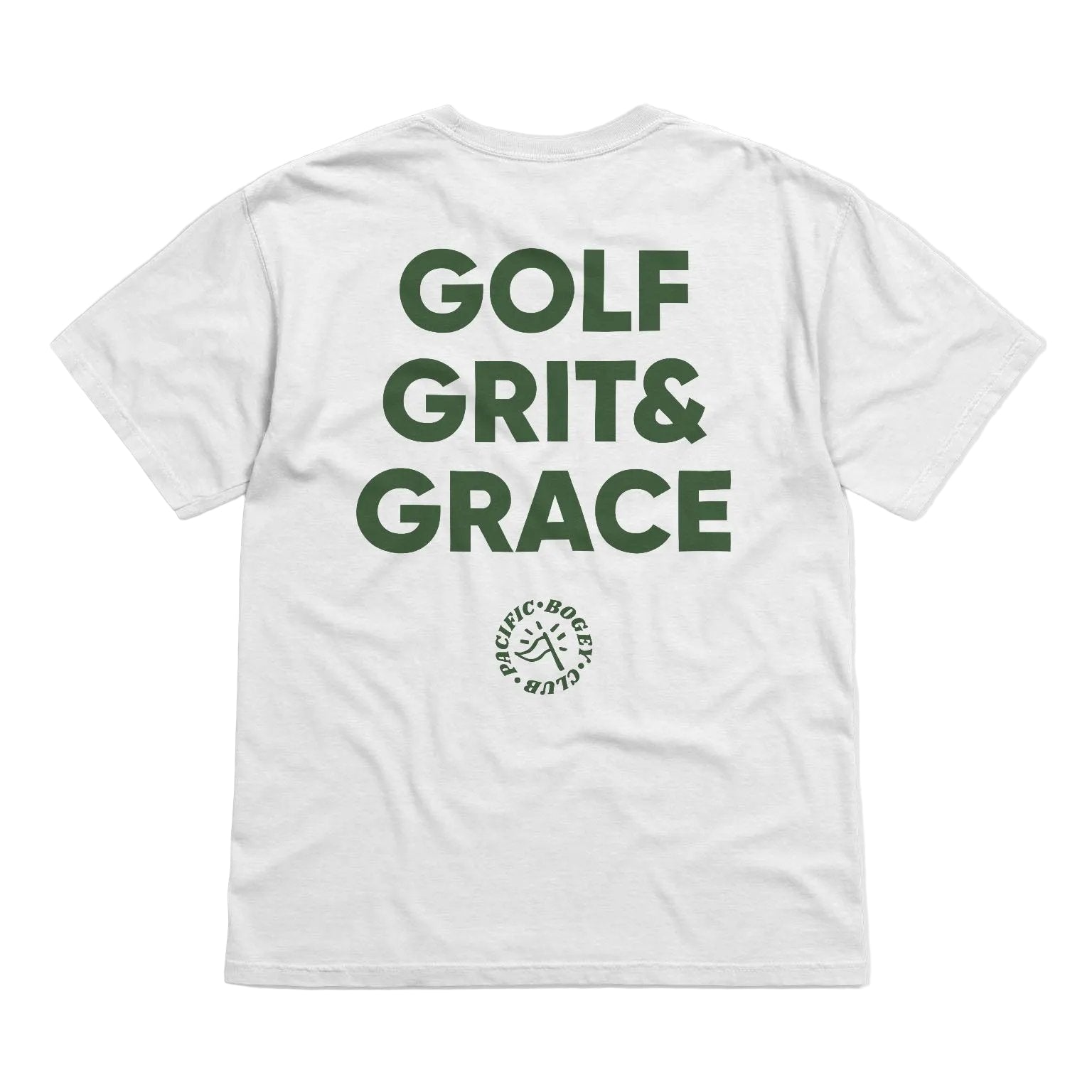 White t-shirt with 'GOLF GRIT & GRACE' text on a white background