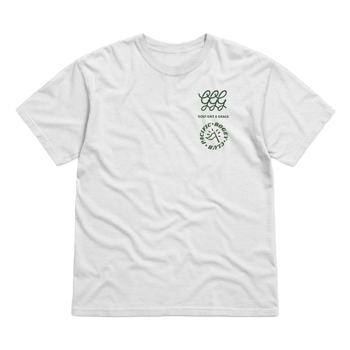 White t-shirt with black text and graphics on a white background