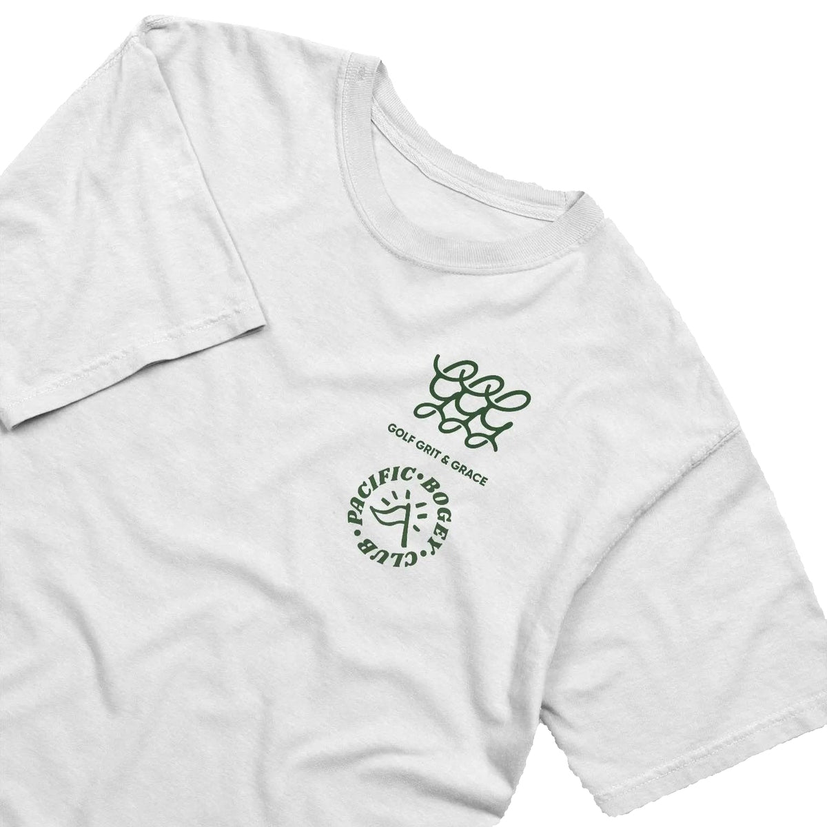White t-shirt with a green logo and text on a white background