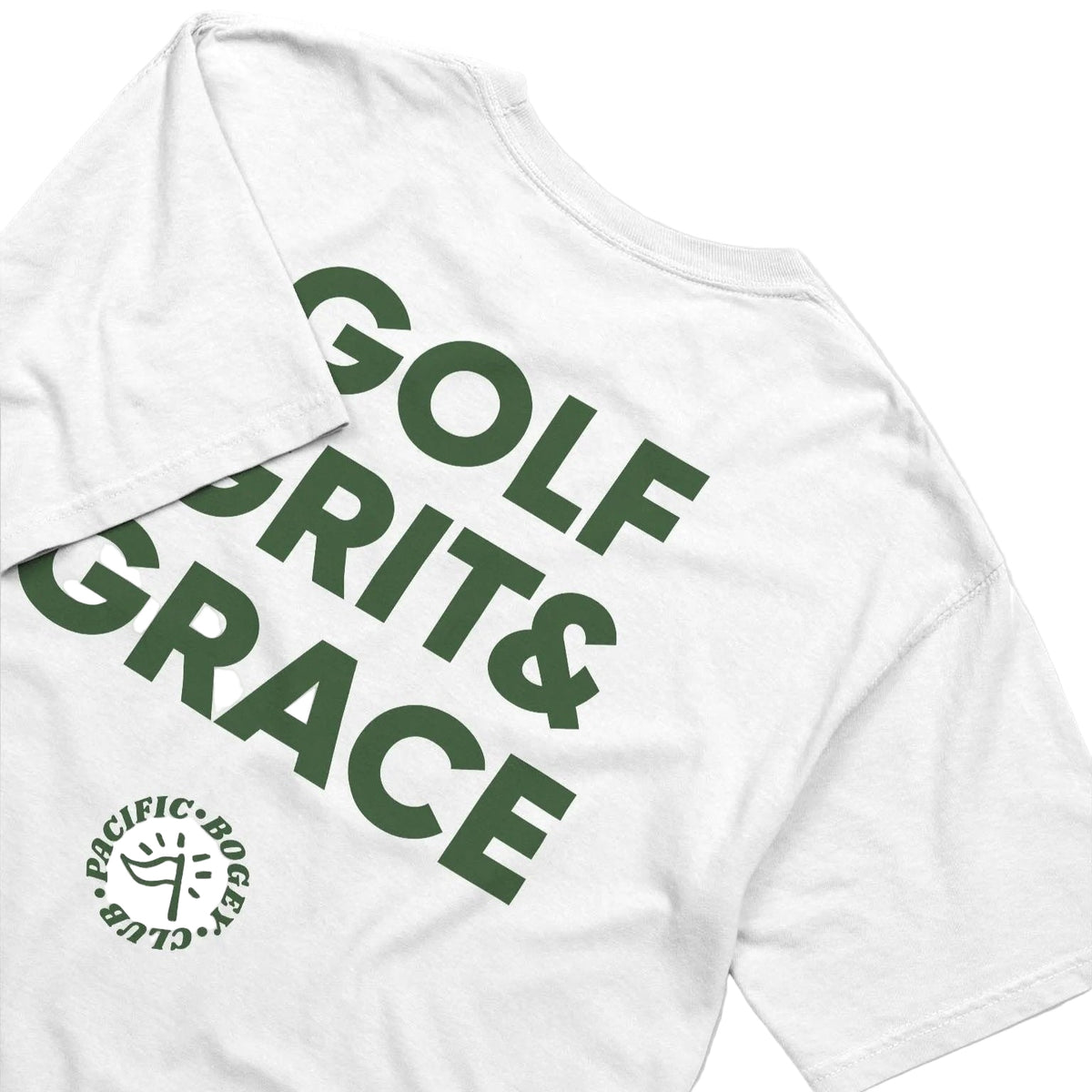 White t-shirt with green text &#39;GOLF GRIT &amp; GRACE&#39; on a light gray background