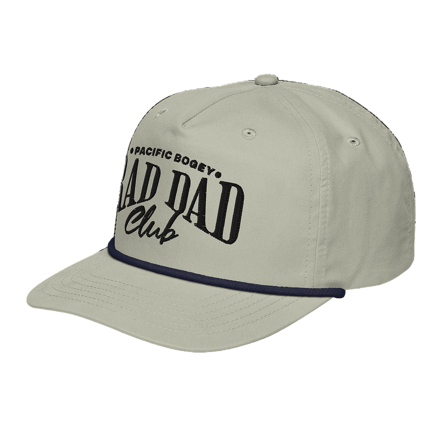 Beige cap with black text on a white background
