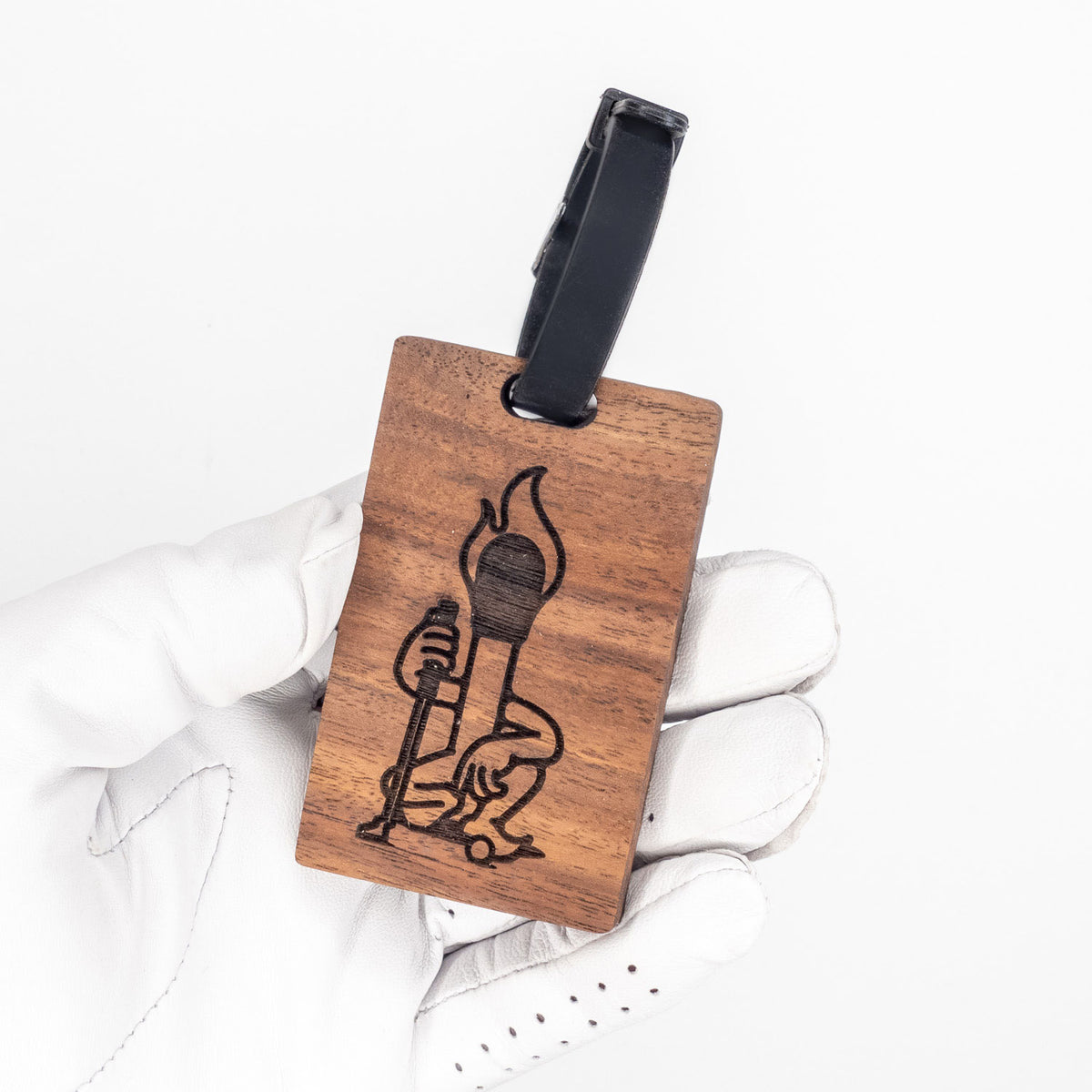 claro walnut wood golf bag tag laser woody matchstick man logo