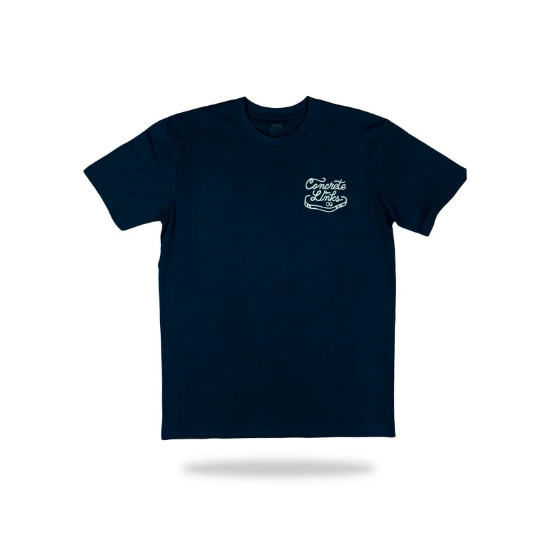 concrete links logo tee shirt navy blue front