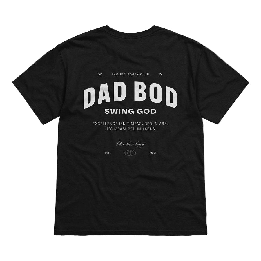 Black t-shirt with white text on a light gray background