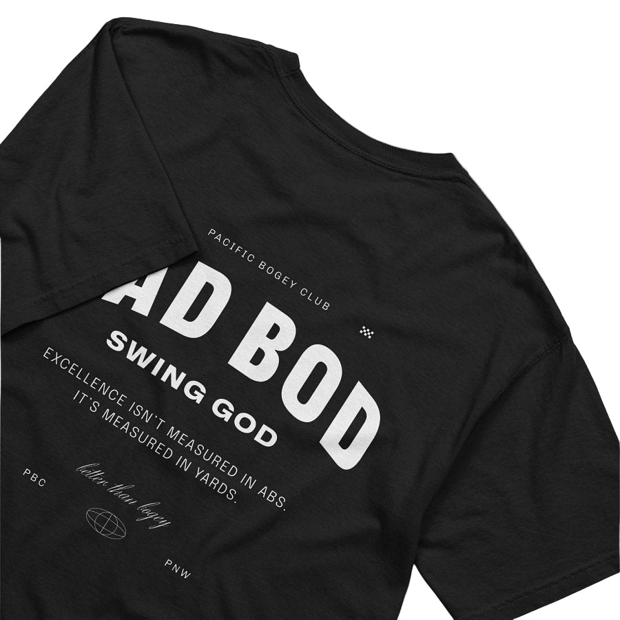 Black t-shirt with white text on a light gray background