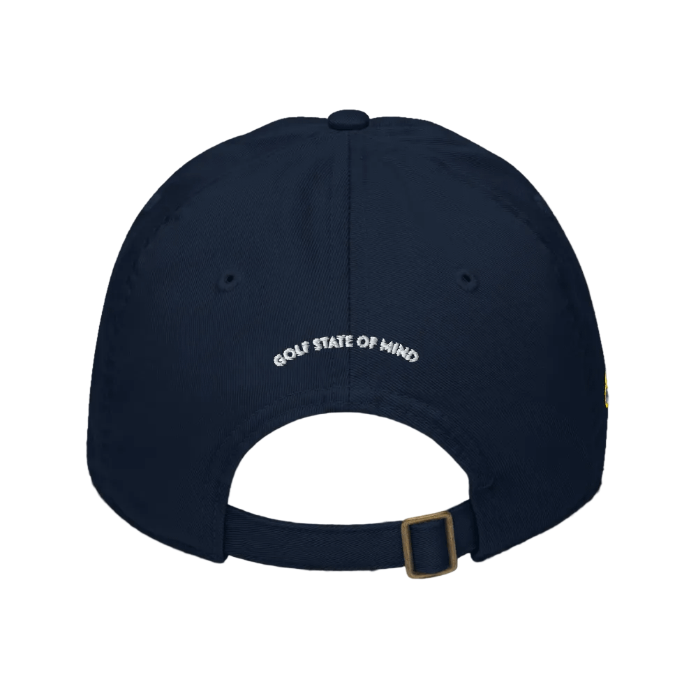 Navy blue cap with &#39;GOLF STATE OF MIND&#39; text on a black background