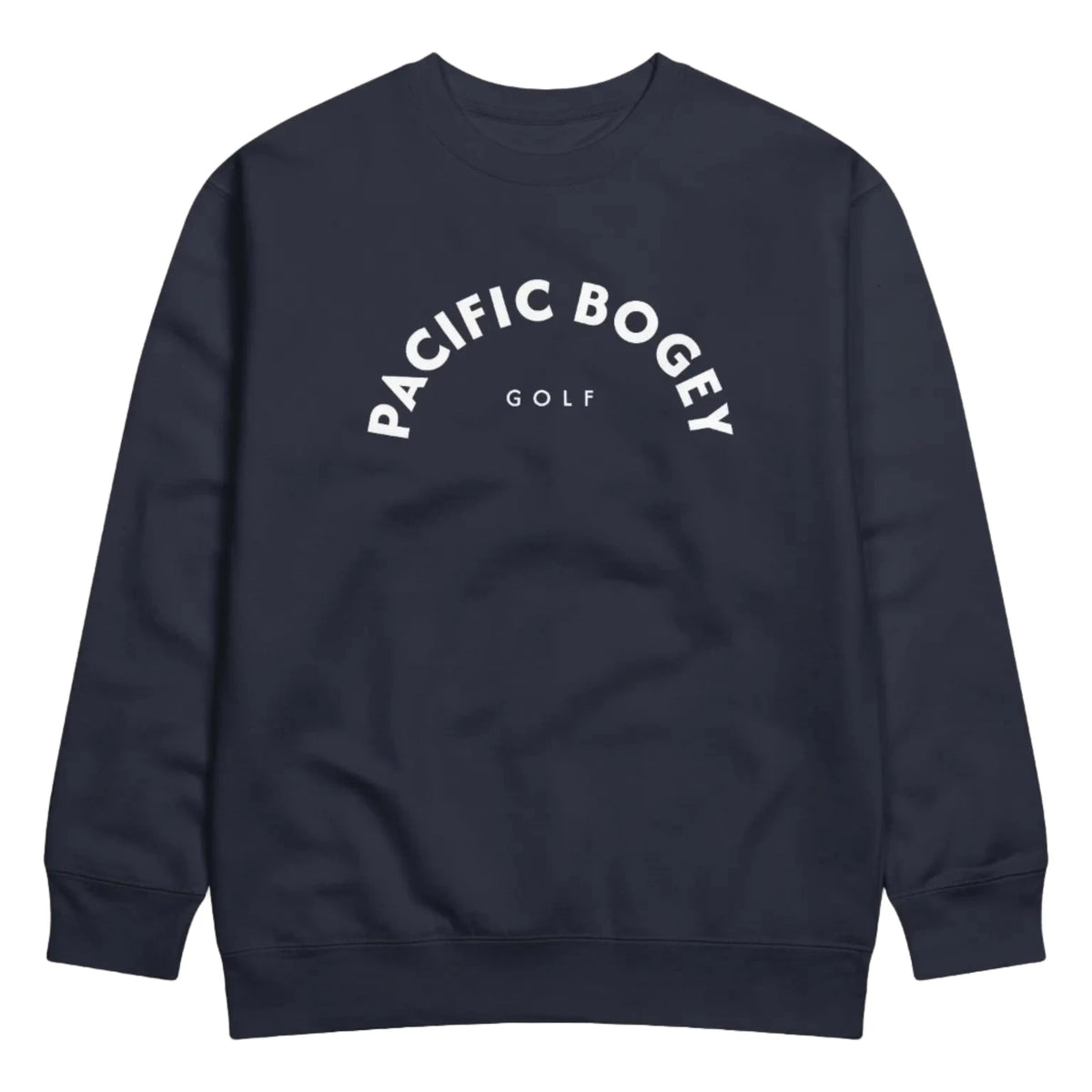 Navy blue sweatshirt with &#39;Pacific Bogey Golf&#39; text on a light gray background