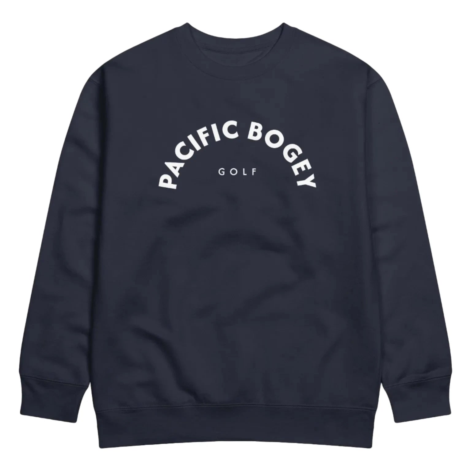 Navy blue sweatshirt with 'Pacific Bogey Golf' text on a light gray background