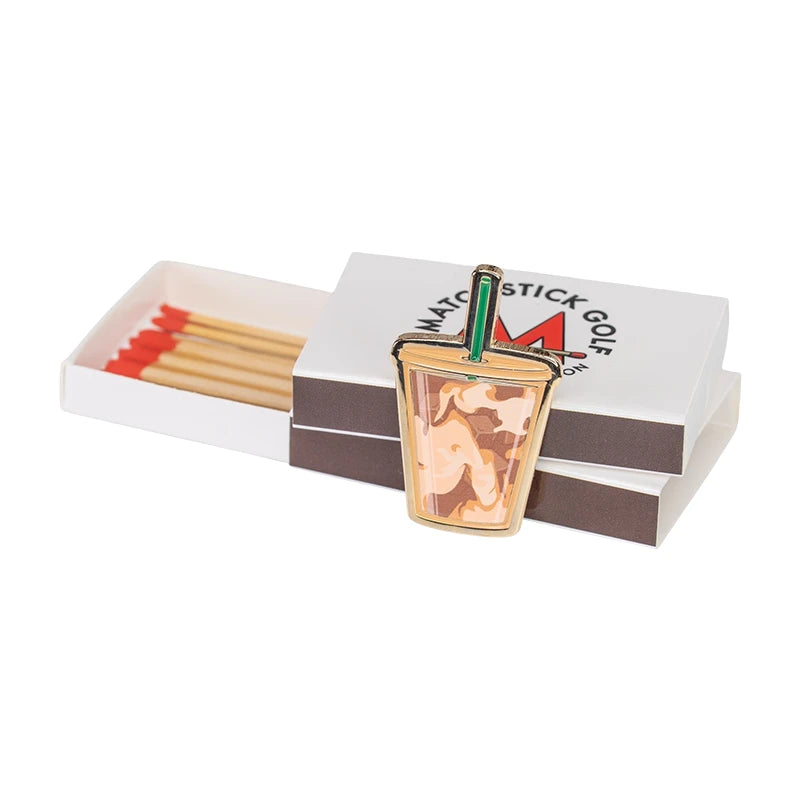 iced coffee golf ball marker gold metal matchbox packaging angle