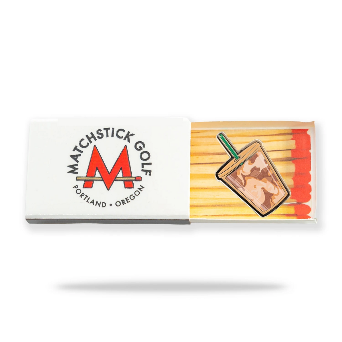 iced coffee golf ball marker gold metal matchbox packaging