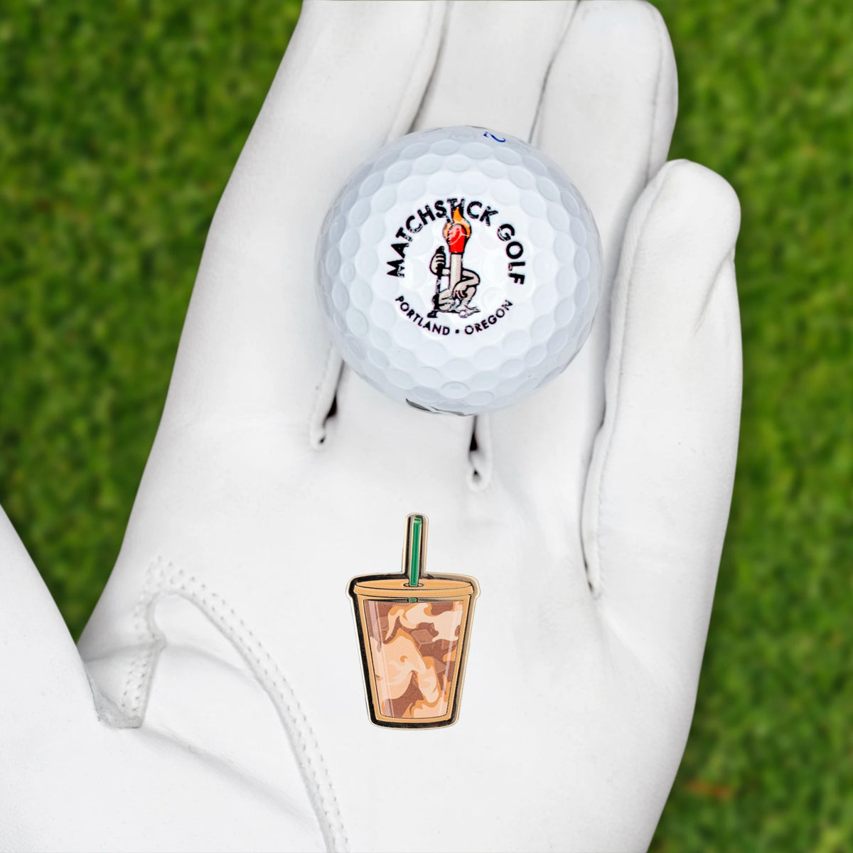iced coffee golf ball marker gold metal glove ball