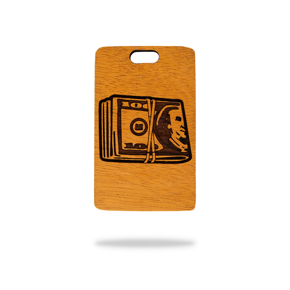 mahogany wood golf bag tag laser engraving cash stack