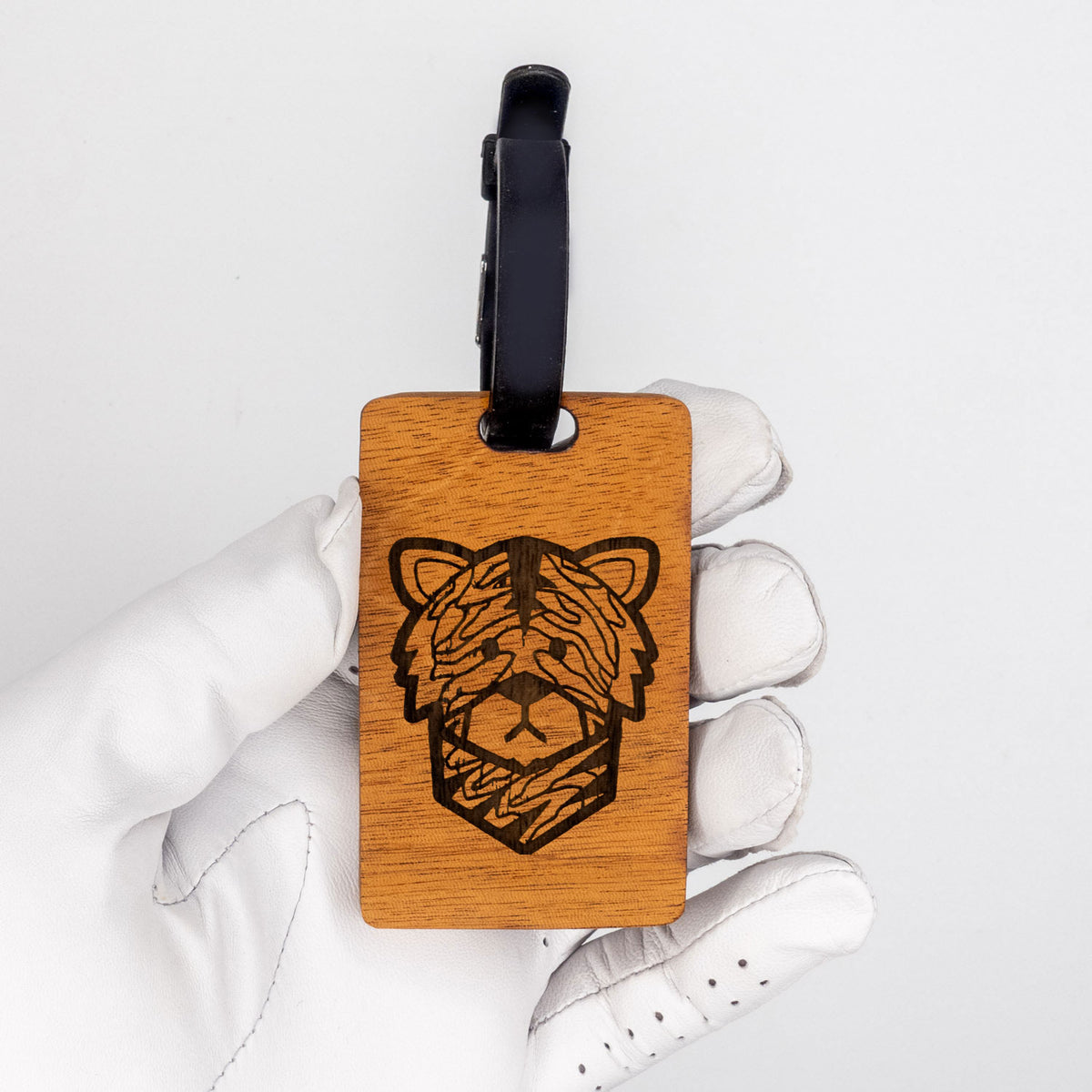 mahogany wood golf bag tag loop tiger laser engraving