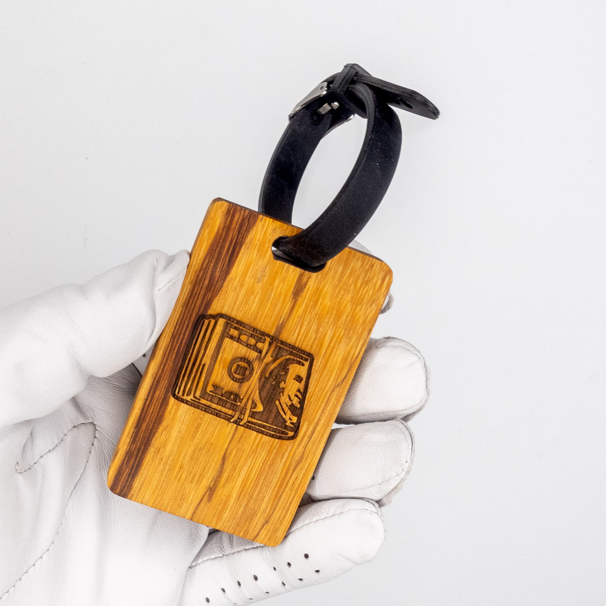 marblewood golf bag tag with loop cash stack laser