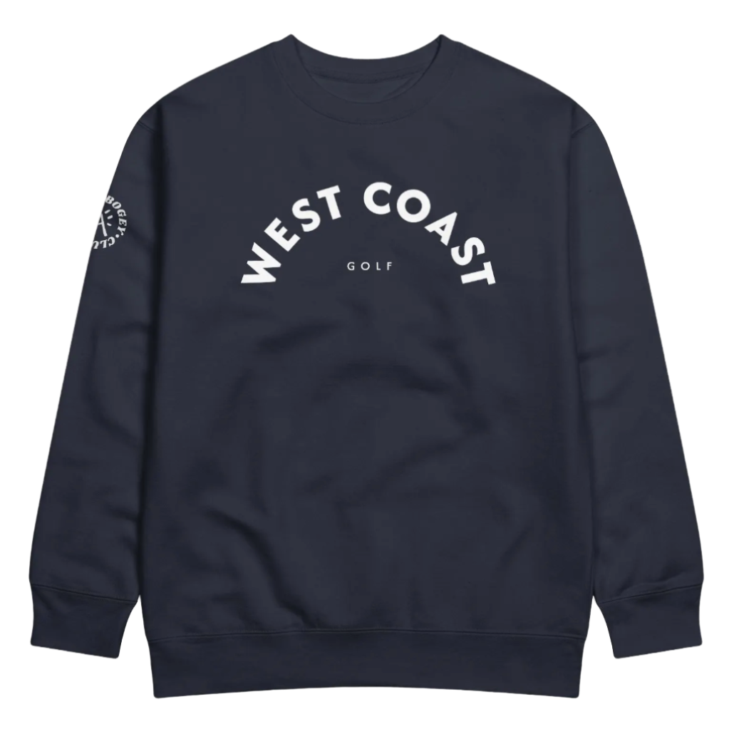 Navy blue sweatshirt with 'West Coast' text on a white background