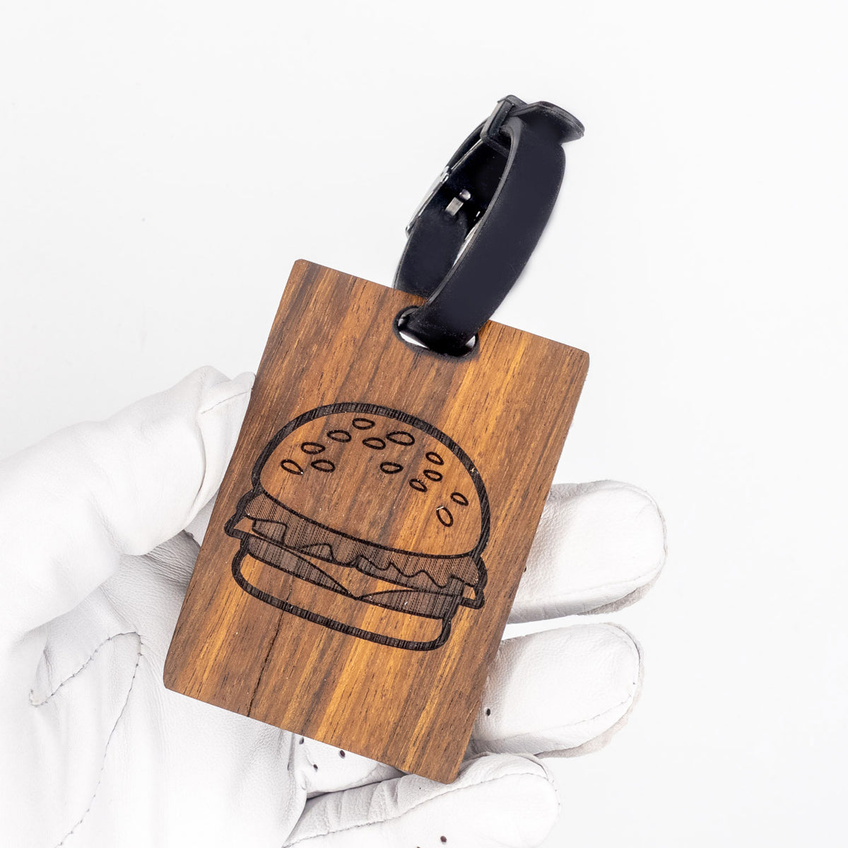 shedua wood golf bag tag loop cheeseburger laser engraving