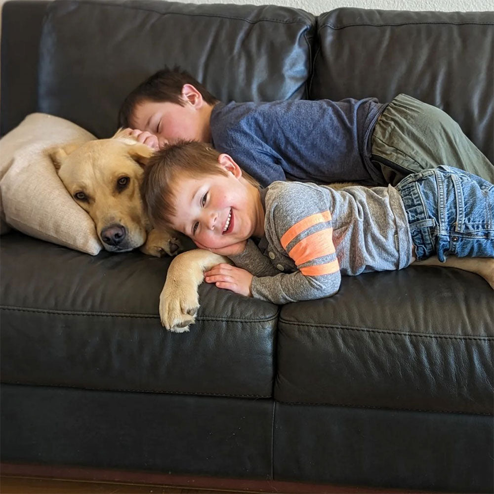 tater tots pediatric therapy klamath oregon yellow labrador dog golf ball marker tate the dog with two boys