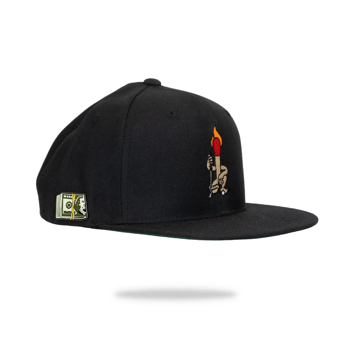 woody embroidered yupoong black wool snapback side view