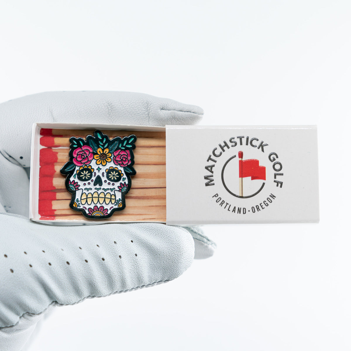 sugar skull golf ball marker calavera roberta matchbox packaging glove white